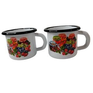 Set of White Enamel Rimmed Coffee Cups Mugs Fruit Jam Camping Rustic
